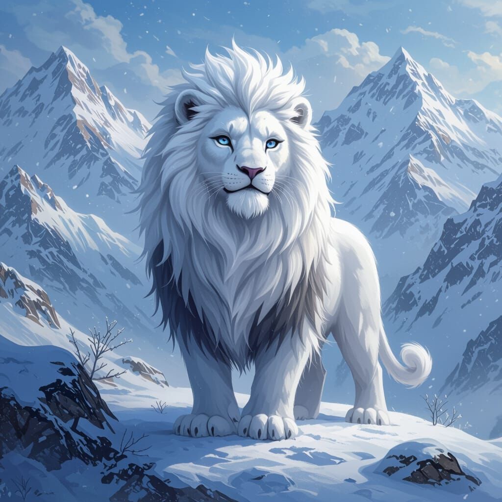 Cute Snow Lion in Snowy Mountain Landscape