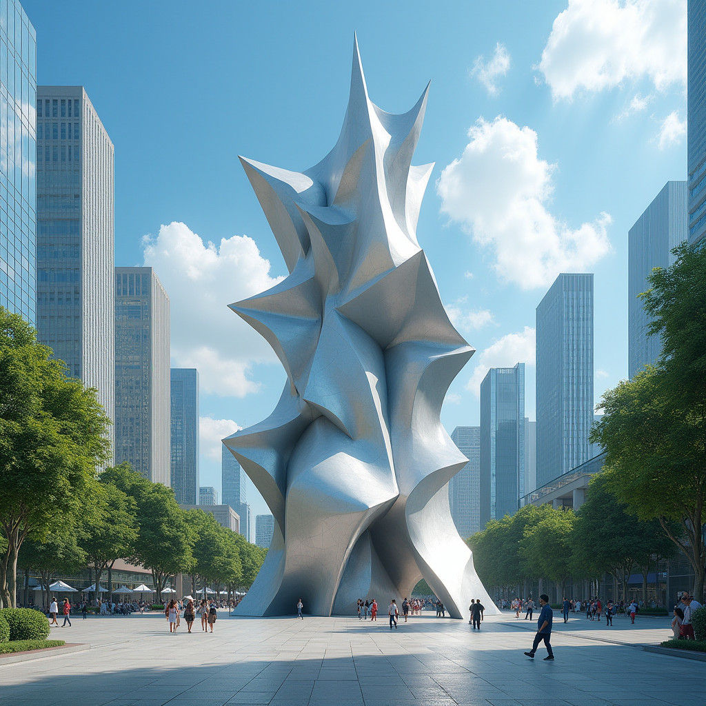 Colossal Metallic Sculpture in Urban Plaza, Hyperrealistic