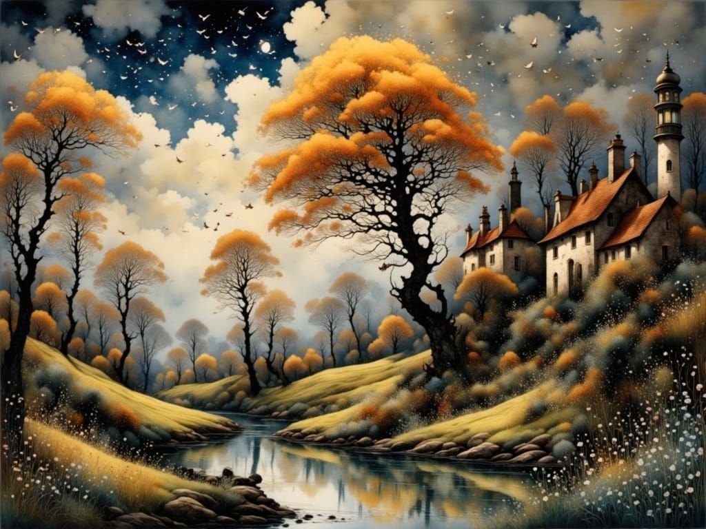 Birds Flying into Autumn Sky in Dreamlike Style