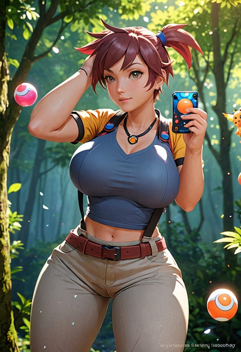 Confident Anime Style Female Pokémon Trainer in a Lush Fores...