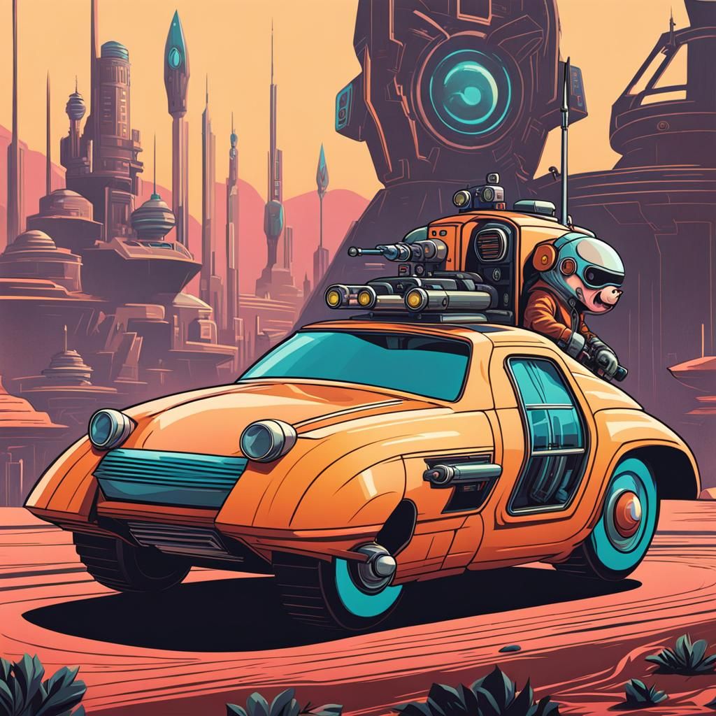 Sci-Fi Pig Bounty Hunter in Hover Car