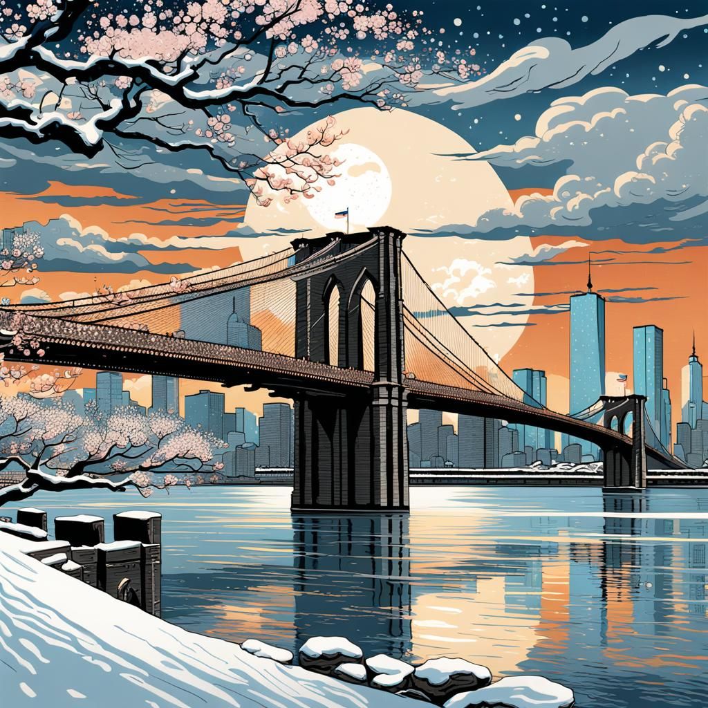 Brooklyn Bridge in Van Gogh Cherry Blossom Style