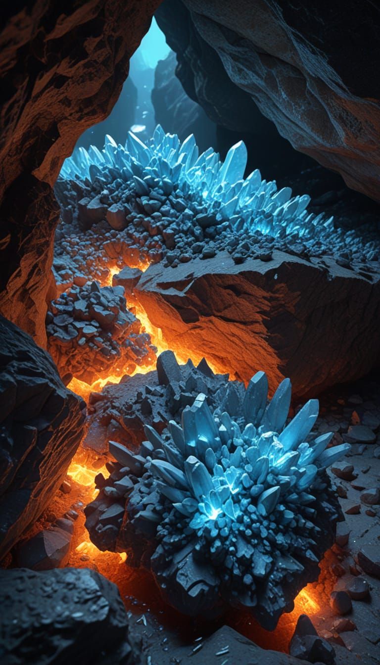 Glowing Blue Crystals in Surreal Cave Landscape