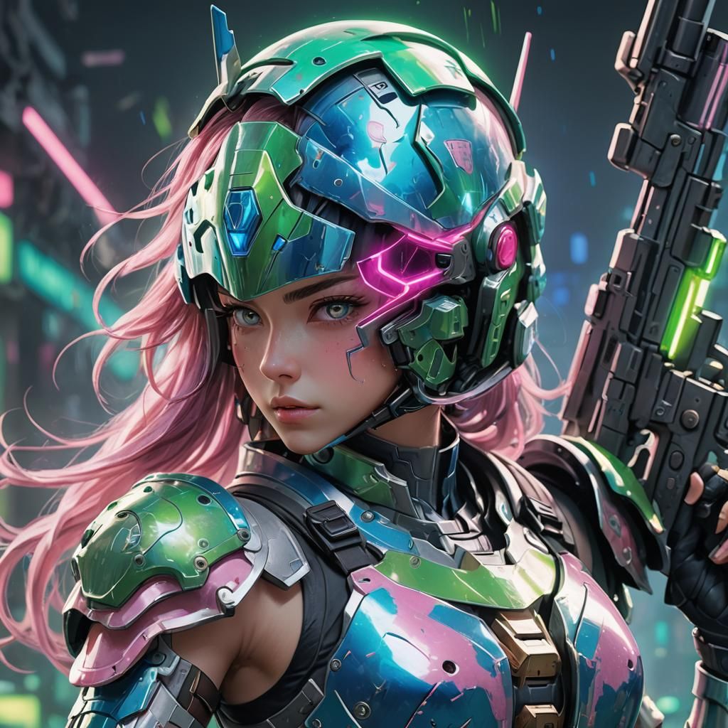 Anime Girl in Futuristic Armor with Neon Highlights