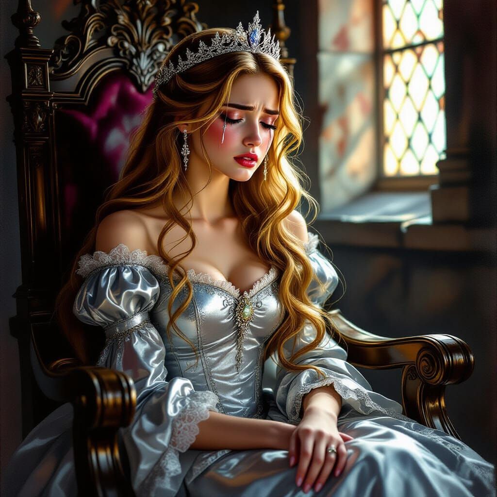 Baroque Princess Weeps on Stone Throne