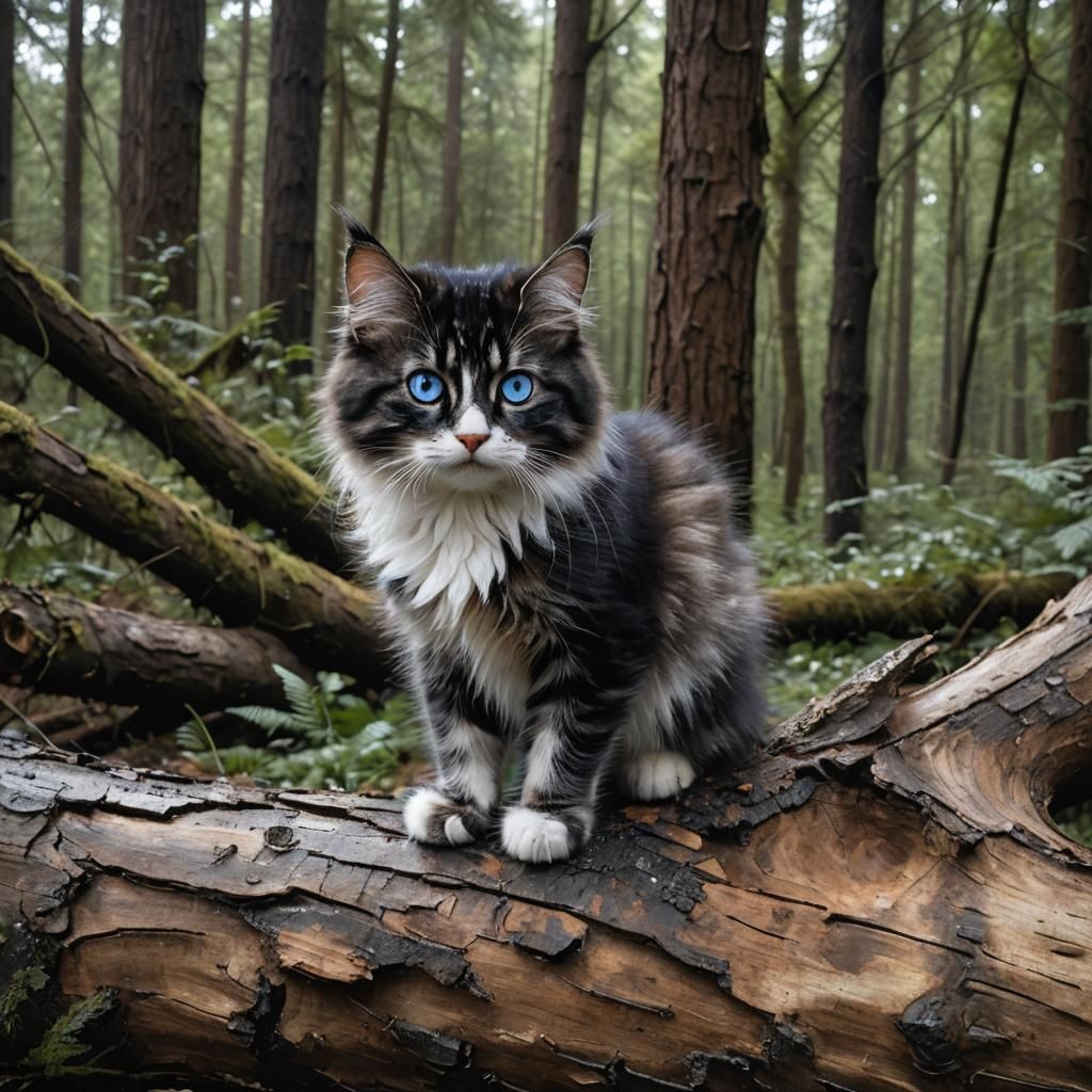 Long-Haired Kitten with Blue Eyes in Forest