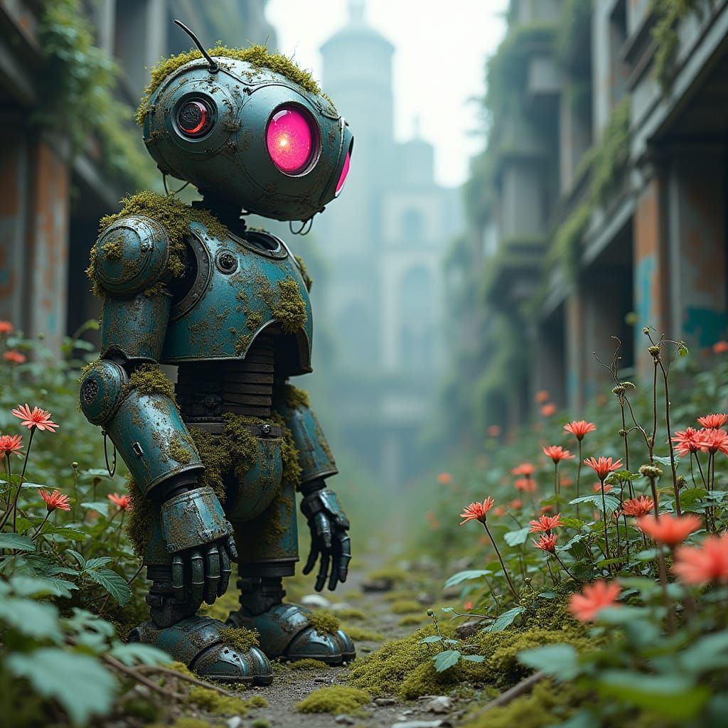 Weathered Robot Guards Dystopian Garden Oasis