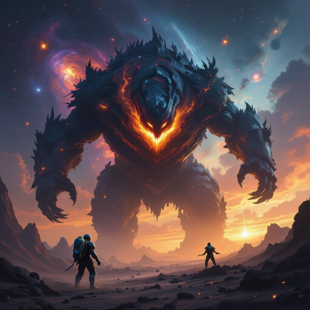 Cosmic God Battles Player in Nebula