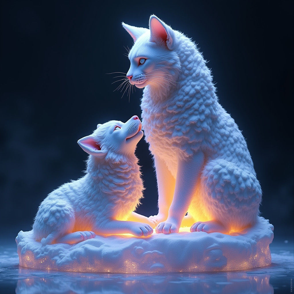 Ice Sculpture: Cat and Dog in Dark Fantasy Style