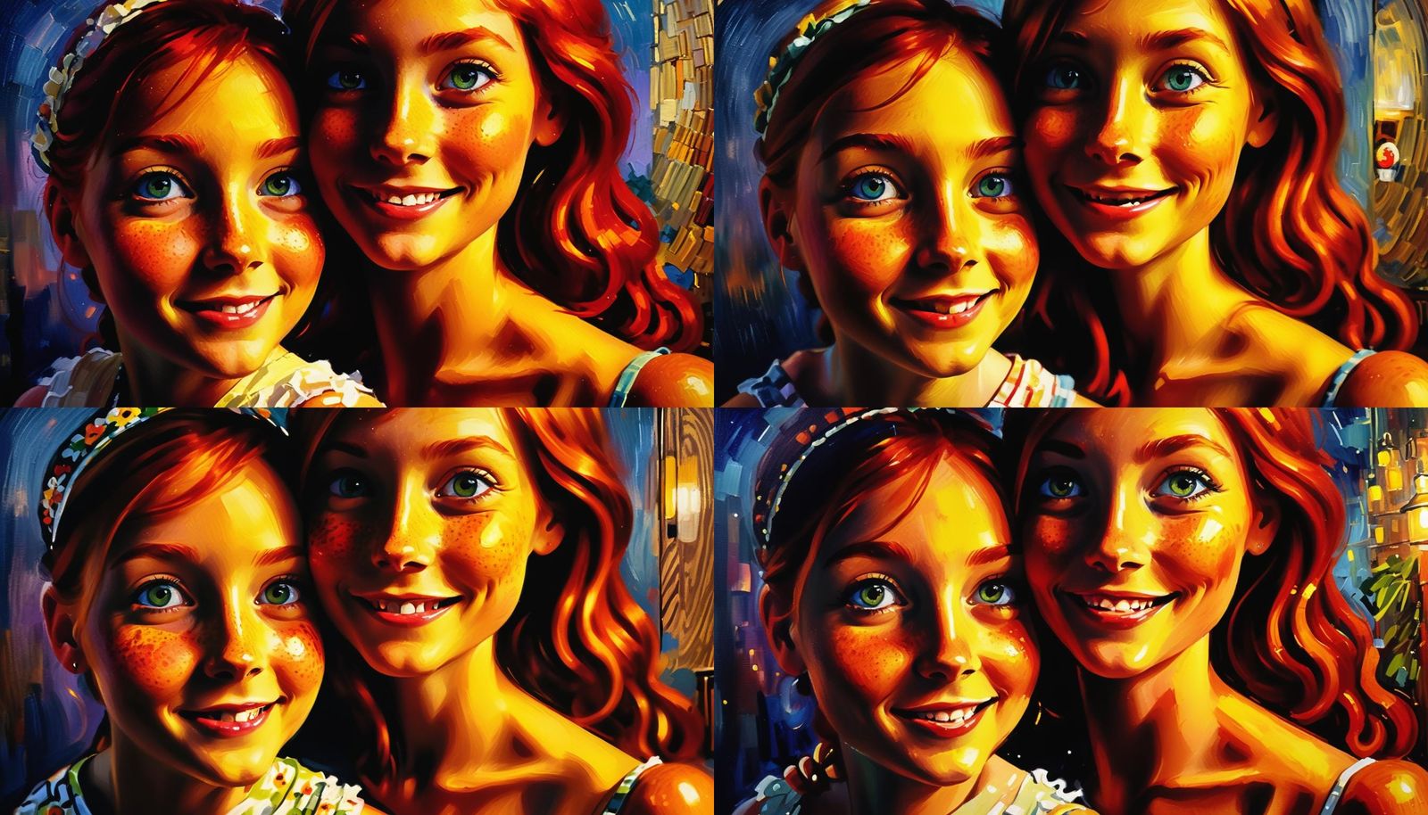 Redhead Twins Enjoying a Night Out, Acrylic Painting