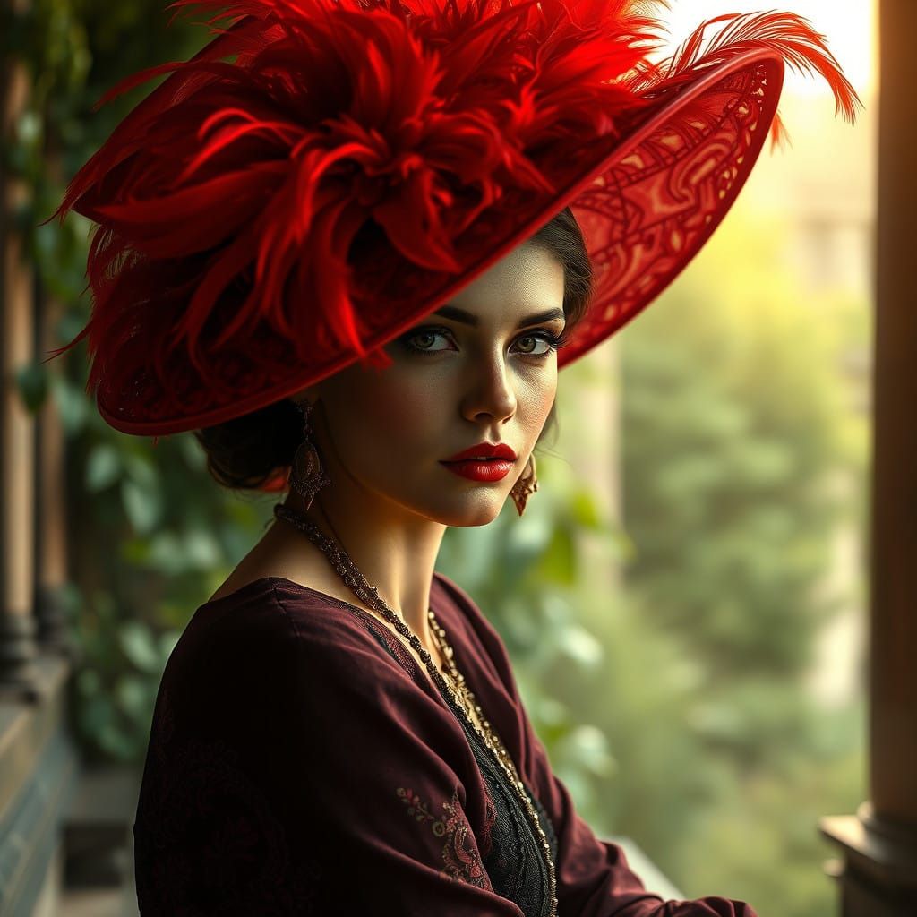 Enigmatic Woman in Red, a Masterful Portrait in Art Nouveau...