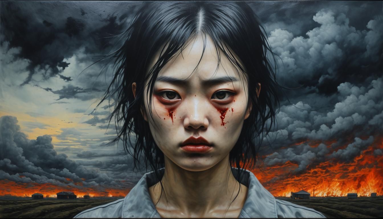 Sad Girl in Burning Sky, Hyperrealistic Digital Art