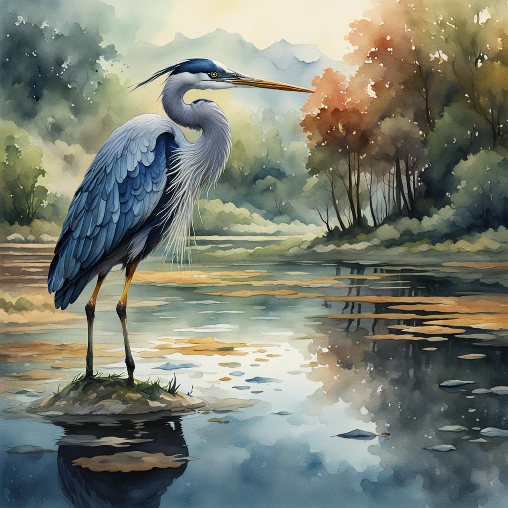 A watercolor painting of a heron fishing in the lake