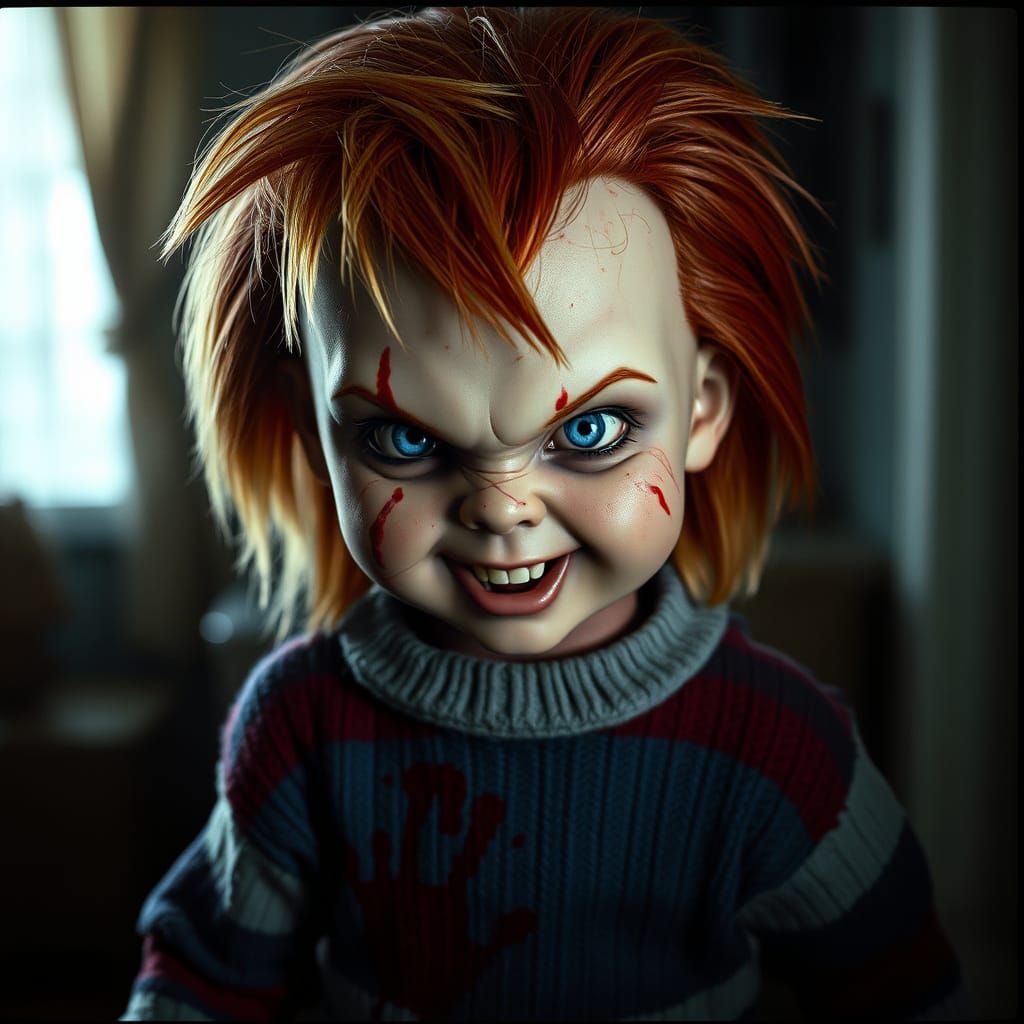 Nightmarish Child with Two-Tone Hair in Horror Film Style