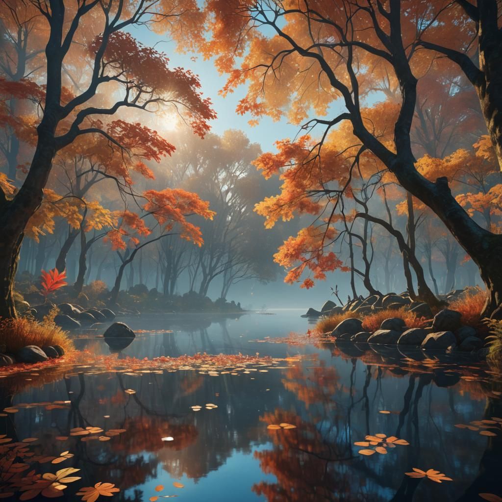 Autumn Lake in Magical Realism Style