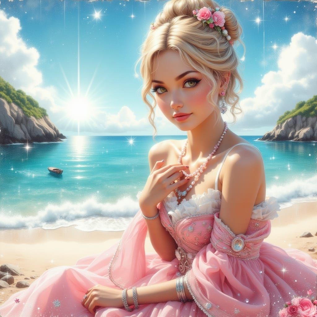 Girl in Oriental Dress on Beach, Digital Art