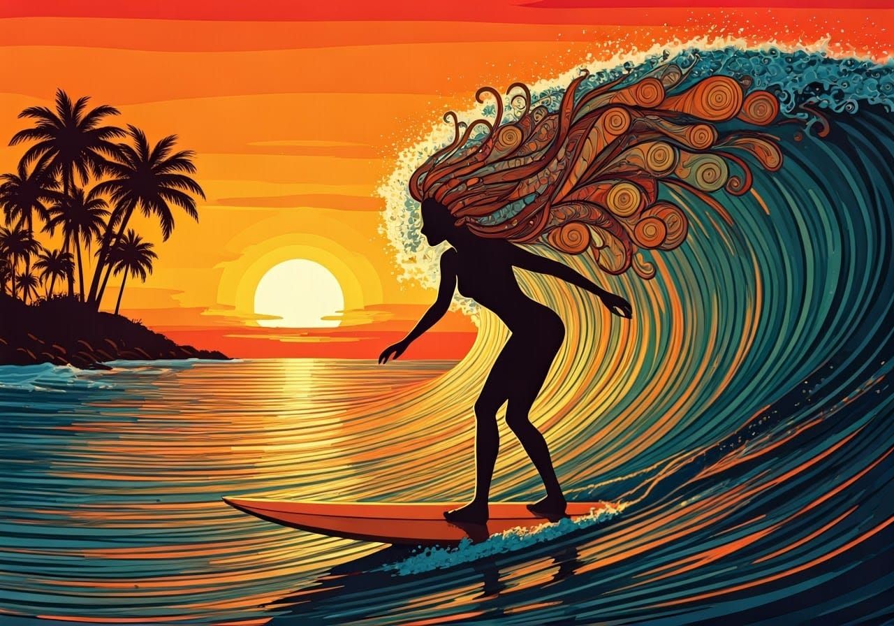 Stylized Psychedelic Surf Goddess at Sunset