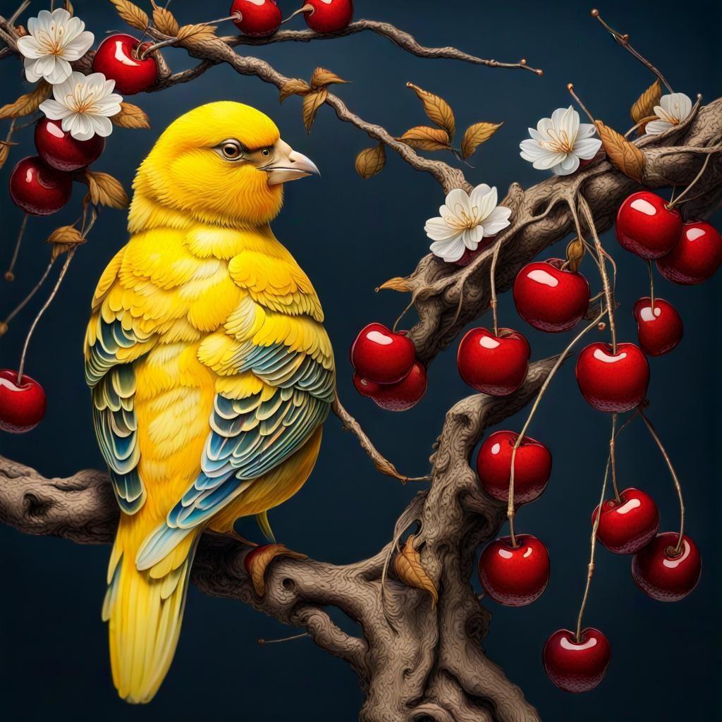 Canaries and Cherries in Moonlight: Mixed Media Kintsugi