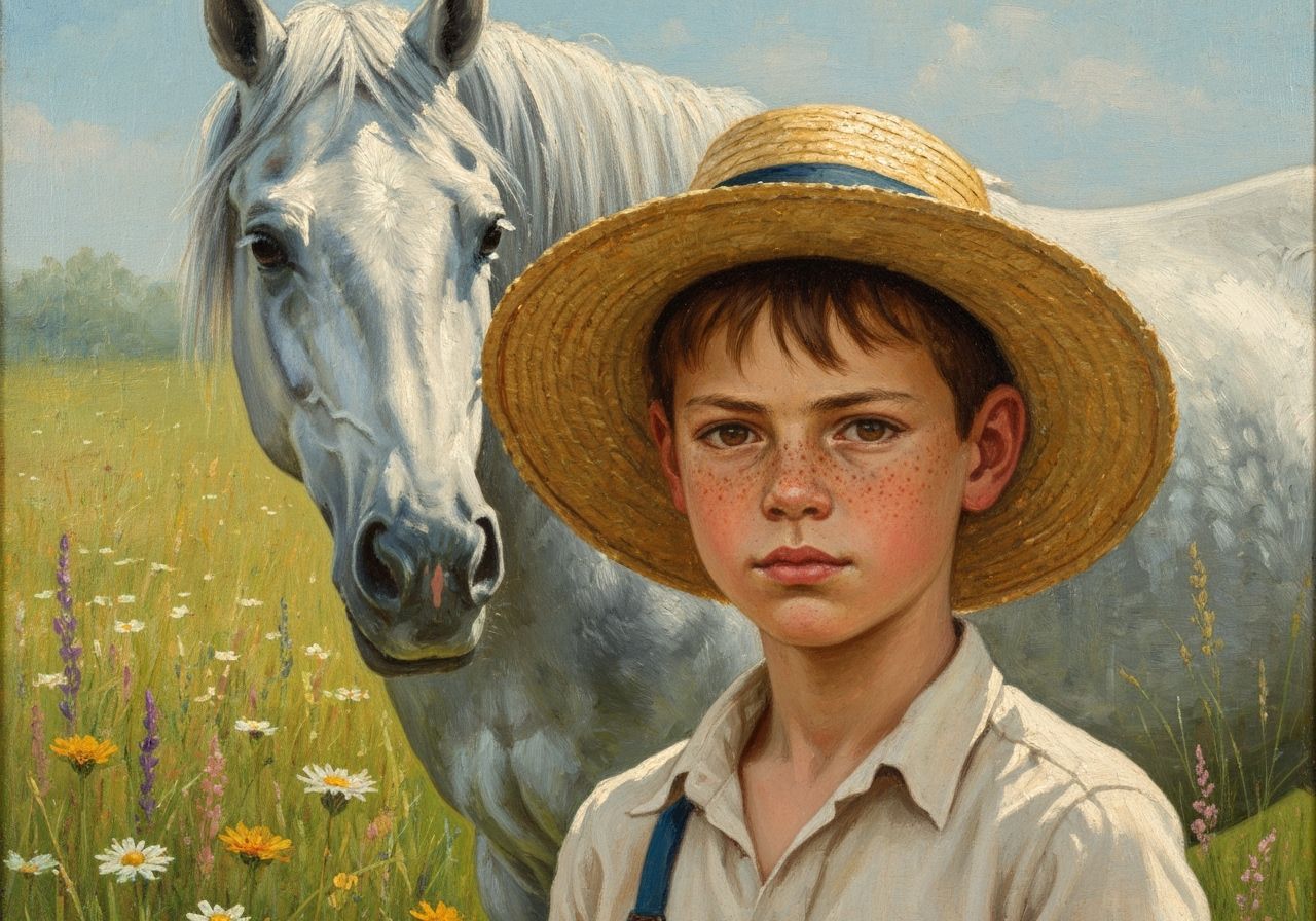 Boy and Silver Horse in Wildflower Meadow Impressionist Pain...