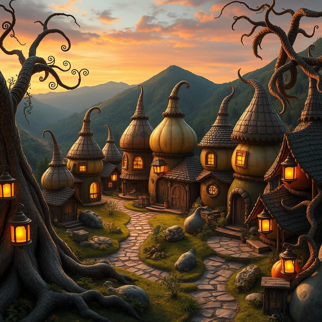 Quaint Gourd House Village in Golden Light