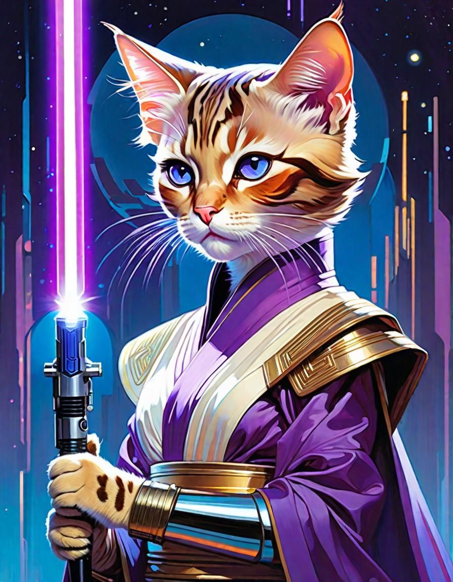 Chibi Cat with Purple Lightsaber in Comic Style