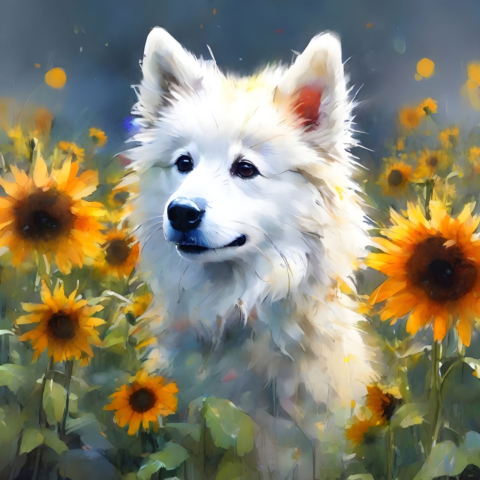 Happy American Eskimo Puppy Surrounded by Sunflowers in Drea...