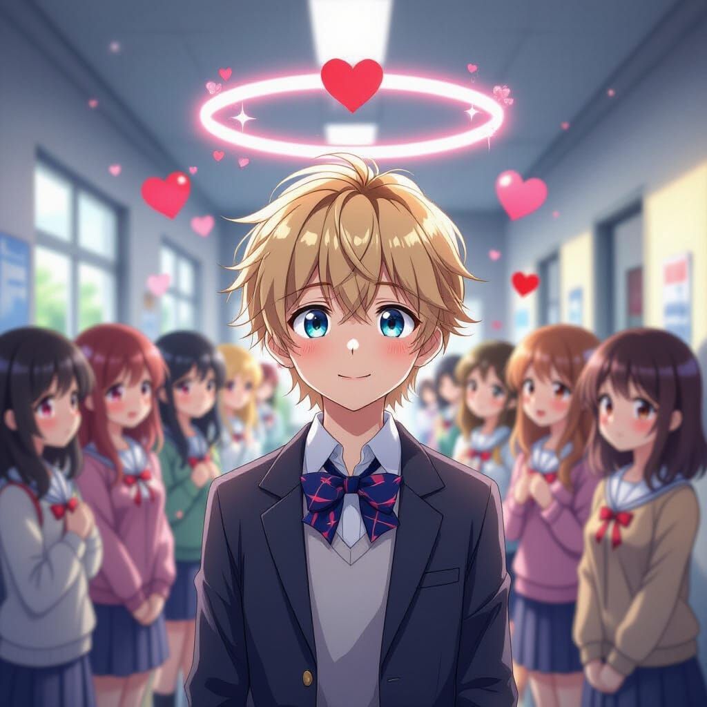 Anime Boy Captivates Admiring Girls in Heart-Filled Hallway
