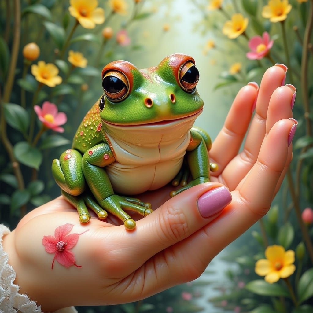 Whimsical Hand Cradles a Realistic Frog in a Dreamy Outdoor ...