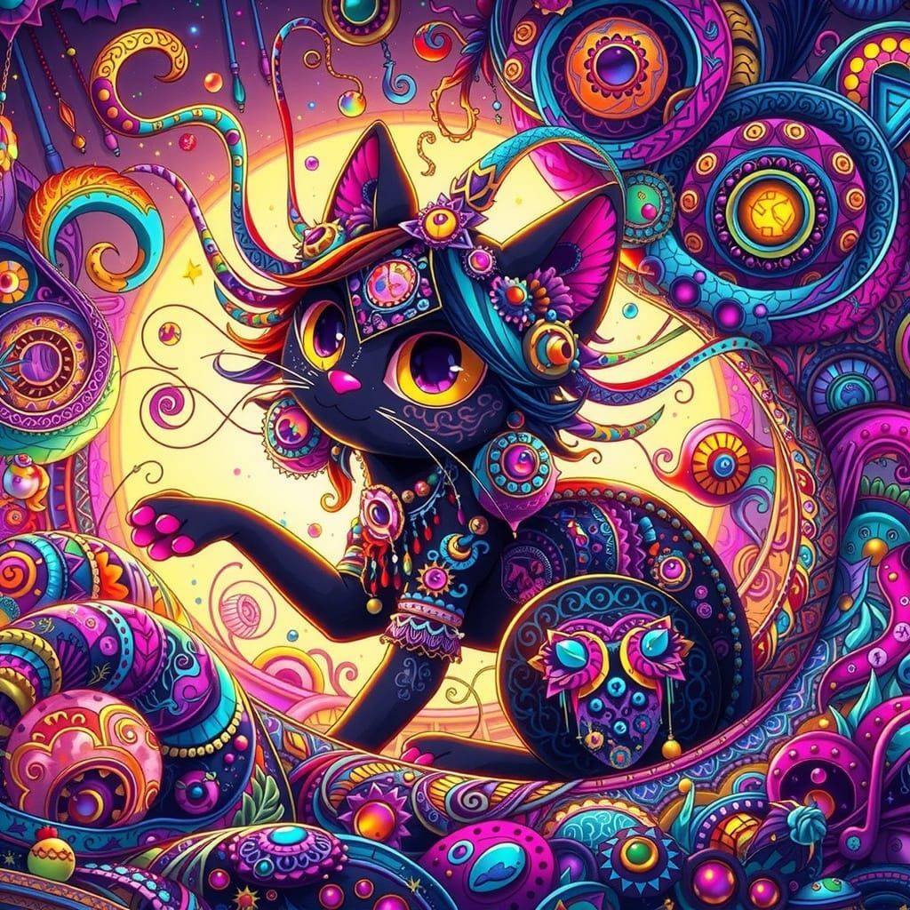 Goth Quetzalcoatl Cat Woman in Vibrant Cutecore Style