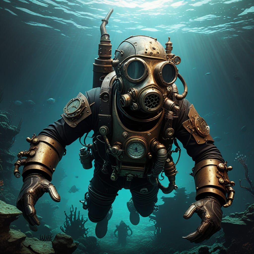 Epic Steampunk Diver in Dark Ocean Depths