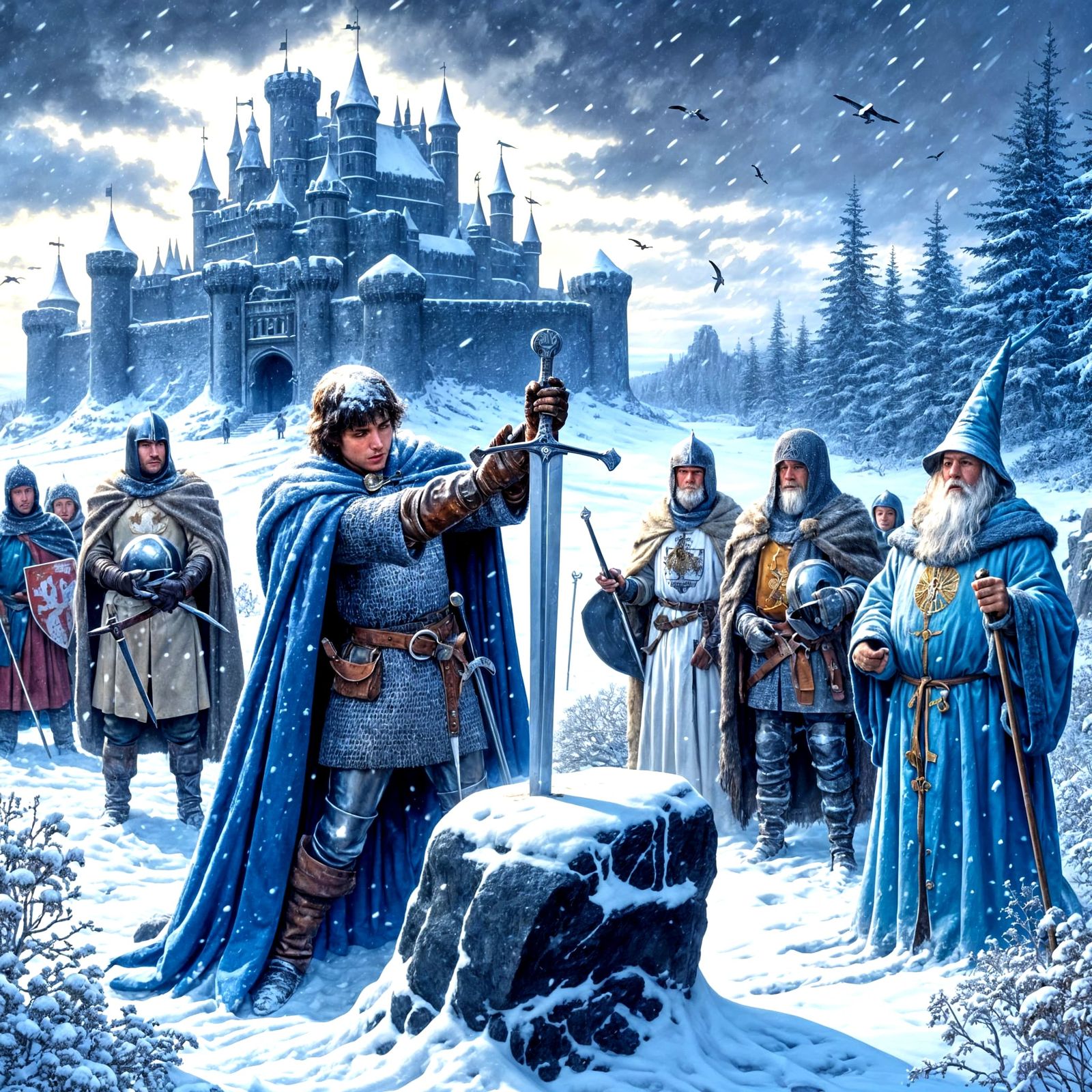 Medieval Knights Discover Hidden Sword in Snowy Winter Lands...