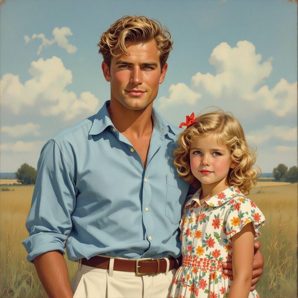 Blond Man and Girl in Floral Dress, Rockwell Style