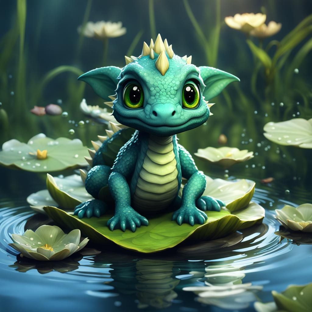 Cute Chibi Water Dragon on Lily Pad