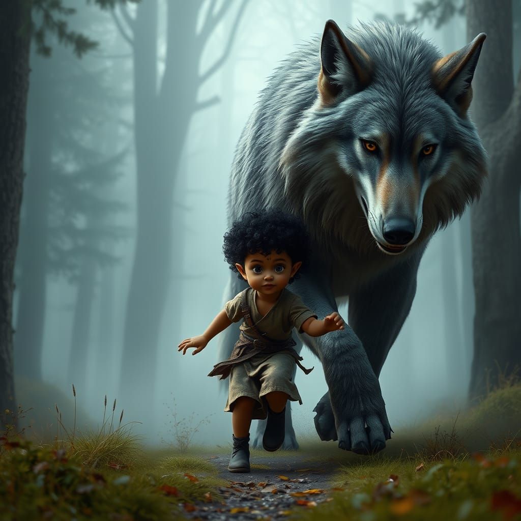 Elf Toddler and Giant Wolf in Photorealistic Style