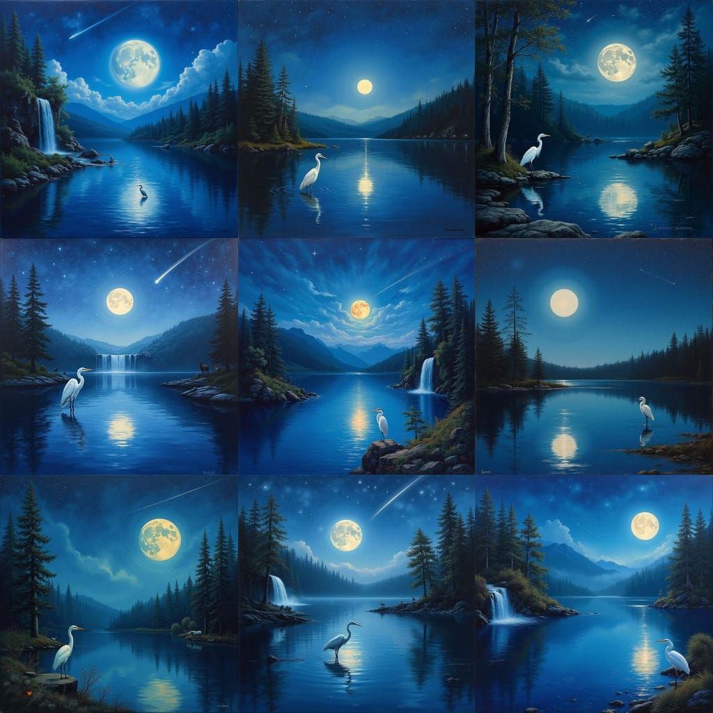 Starry Night Lake Scene with Heron and Shooting Star