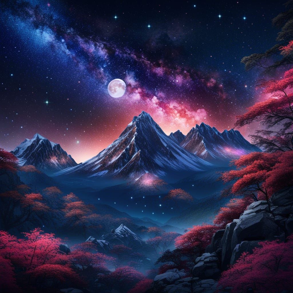 Hyperrealistic Japanese Mountains Under Starry Night Sky