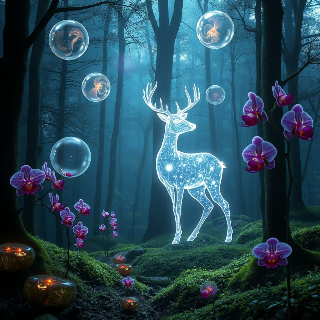 Ethereal Deer in Bioluminescent Forest Glade