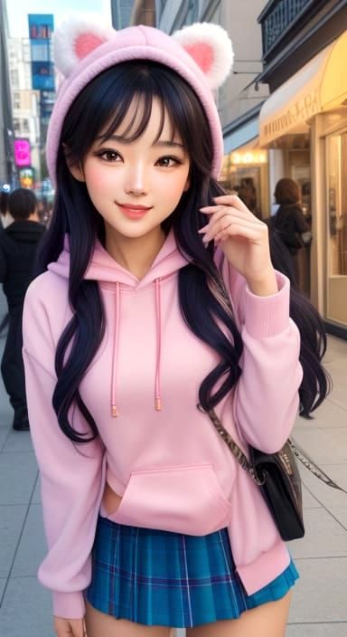 Yae Miko, wearing a hoodie and plaid skirt, poses with her r...