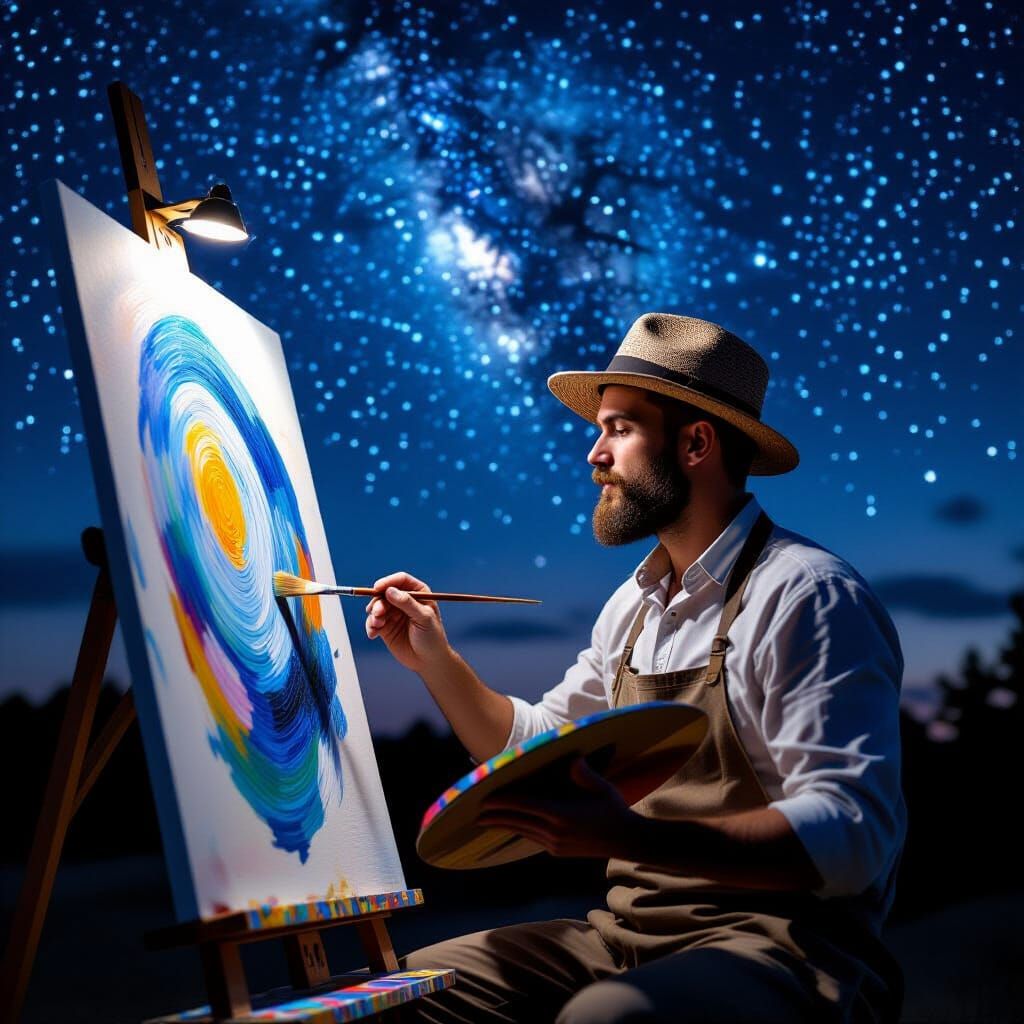 Artist Paints Under Starry Night Sky in Impressionist Style