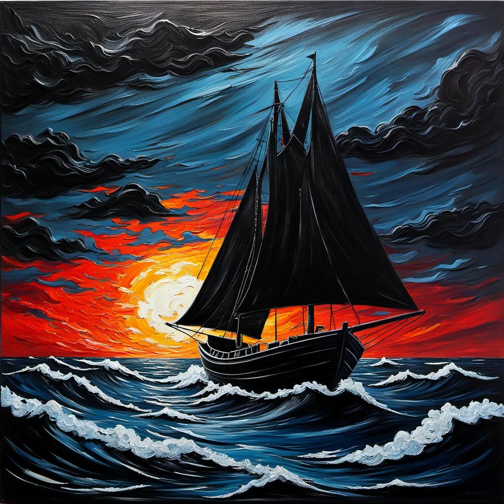 Moody Stormy Sea: Impasto Boat Silhouette