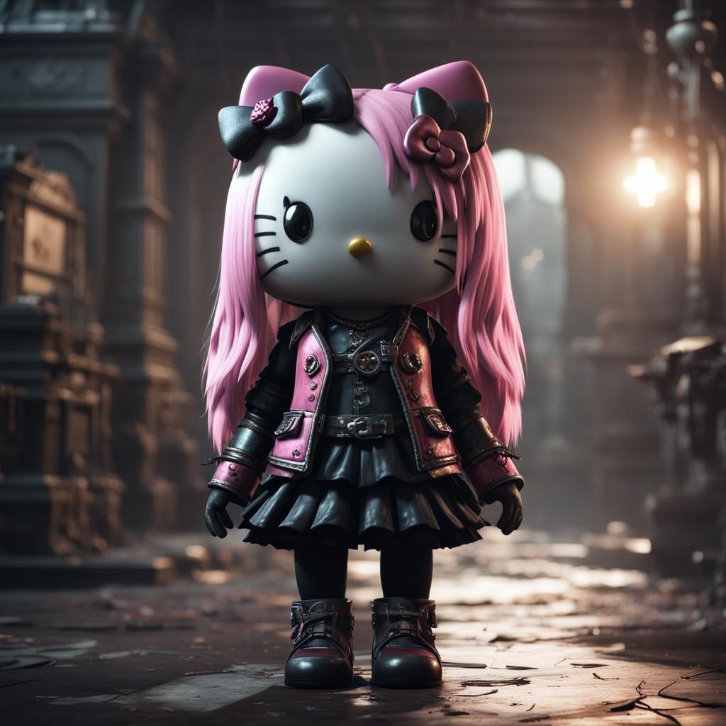 Goth Hello Kitty in 3D Game Cinematic Style