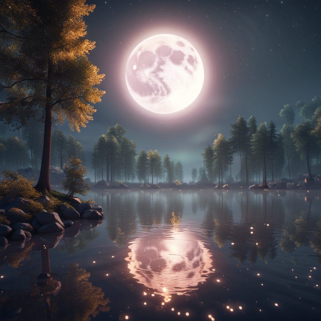 Bright Moon Over Reflective Lake at Night