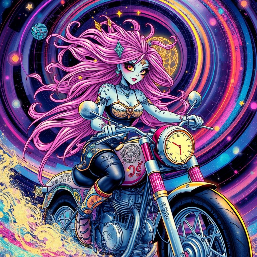 Psychedelic Biker Girl in Cosmic Vortex