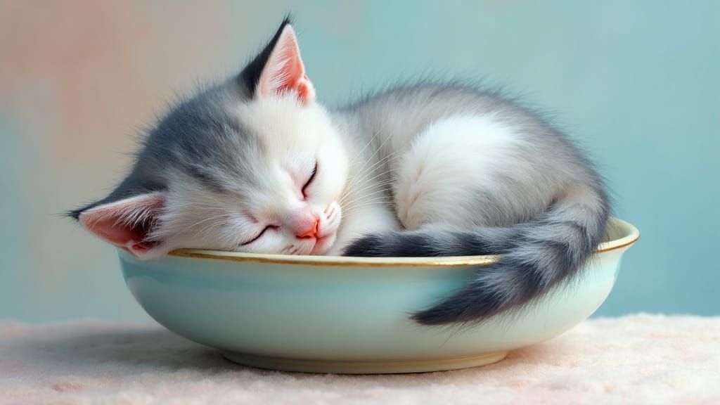 Whimsical Kitten in Antique Bowl, in Pastel Colors