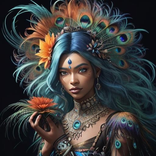 Rainbow Woman with Peacock Feathers in Concept Art