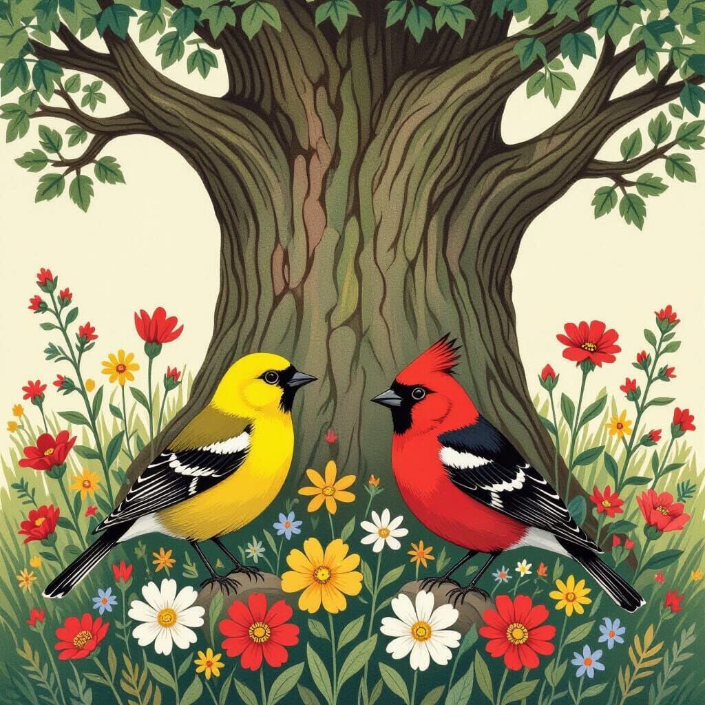 Vibrant Birds Among Wildflowers and Ancient Tree