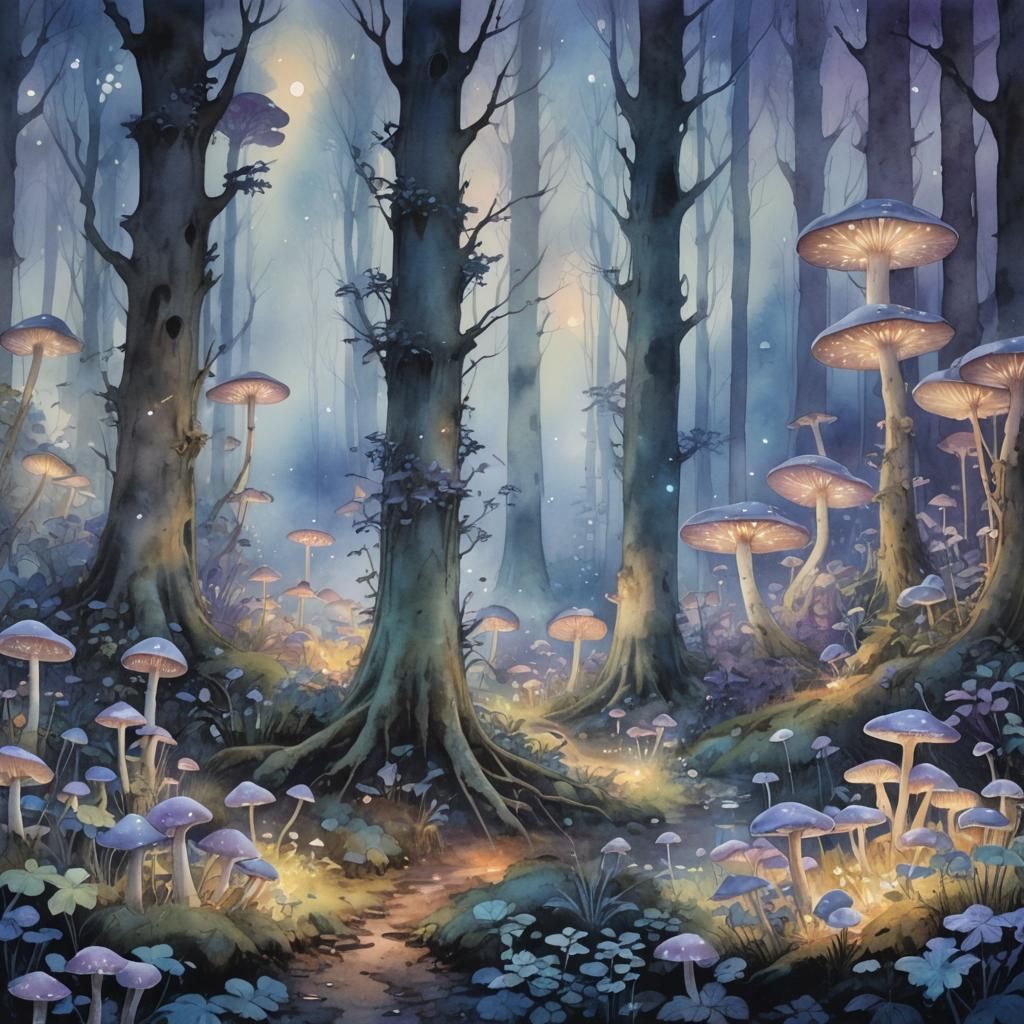 Mystical Forest at Twilight in Watercolor Style