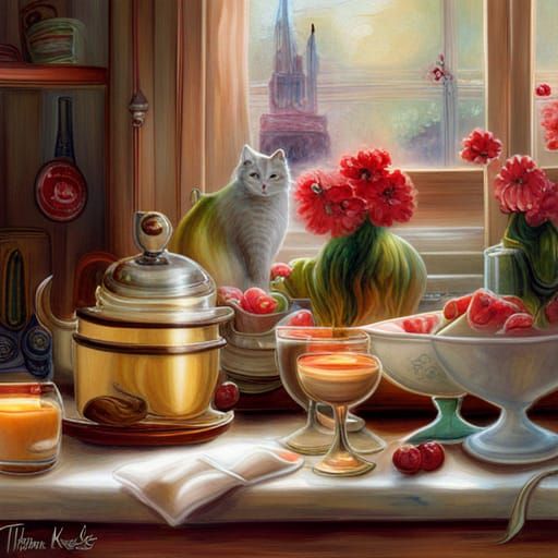 Ethereal Cat in Kitchen, Hyperdetailed Fantasy Art