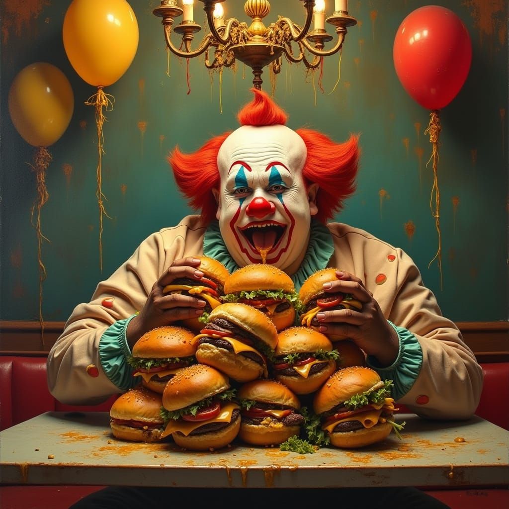 Surreal Clown Devours Hamburgers in a Grimy Diner