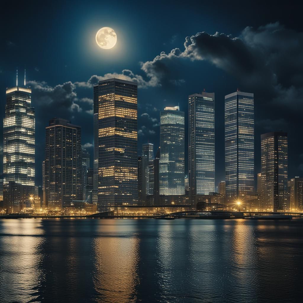 Illuminated Cityscape at Night with Golden Light